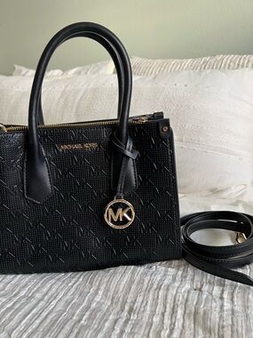 Michael Kors Black Embossed MK Satchel with Gold Hardware